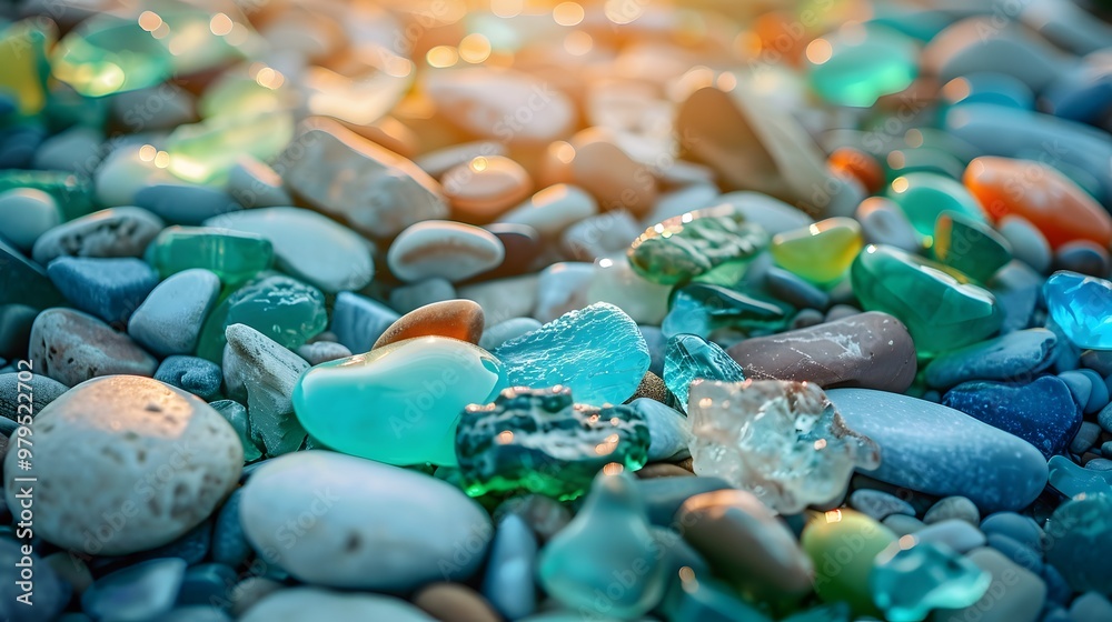 Vibrant Gemstones on Polished Beach with Sea Texture: A Coastal Treasure Display Vibrant Gemstones on Polished Beach with Sea Texture: A Coastal Treasure Display