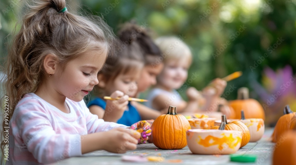 Fototapeta premium Children Decorating Pumpkins with Paint and Brushes