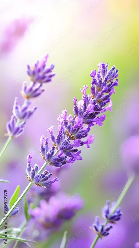 Fototapeta premium A tight shot of a flower bundle, foreground populated by closely-focused purple blooms; background softly blurred with overlapping shades of green and purple flowers