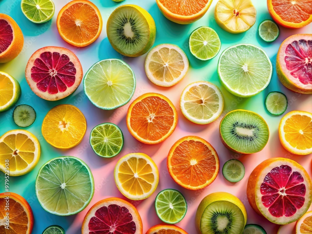 vibrant whimsical still life of brightly coloured fruit slices arranged into artistic patterns against a pastel gradient background with subtle shadows and highlights vibrant whimsical still life of brightly coloured fruit slices arranged into artistic patterns against a pastel gradient background with subtle shadows and highlights