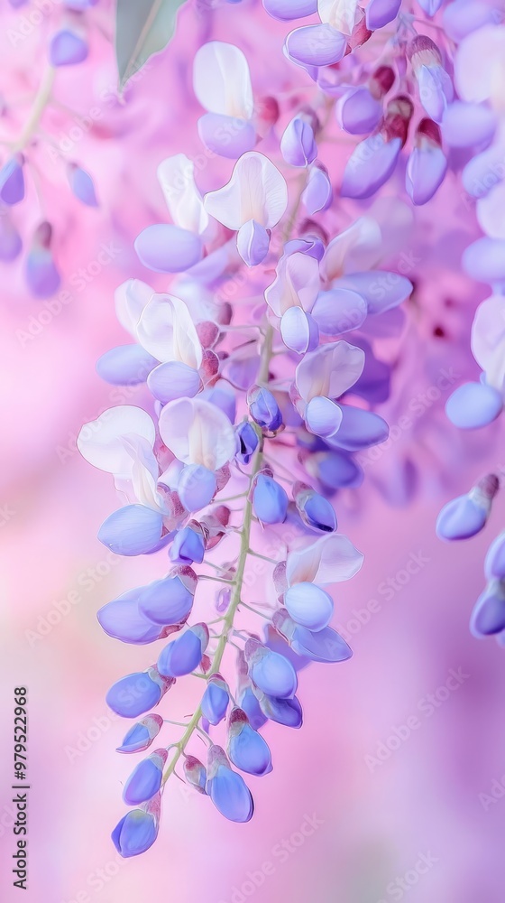 Obraz premium A tight shot of blooming flowers against a pastel backdrop of pink and purple, soft focus on the florals