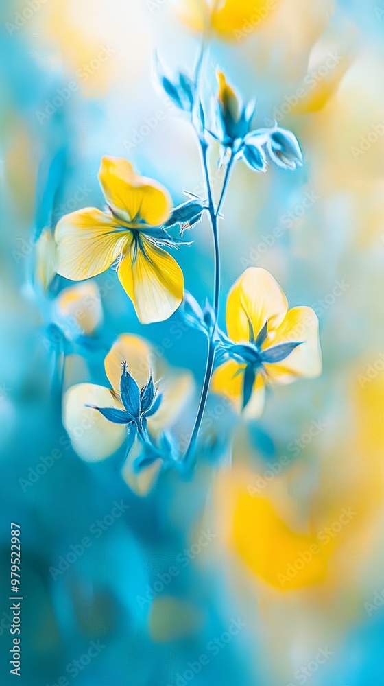 A detailed shot of a single flower against a backdrop of blue and yellow hues, subtly blurred yellow and blue blossoms in the periphery A detailed shot of a single flower against a backdrop of blue and yellow hues, subtly blurred yellow and blue blossoms in the periphery