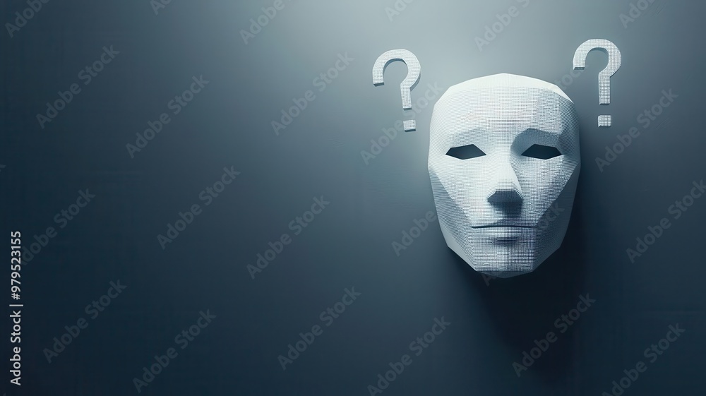 Abstract polygonal face with binary code and question marks, futuristic tech, 3D illustration Abstract polygonal face with binary code and question marks, futuristic tech, 3D illustration