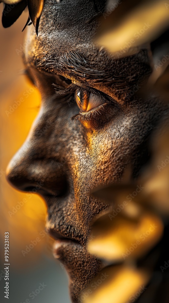 A man's face in close-up, painted with yellow and black hues against a solid yellow backdrop A man's face in close-up, painted with yellow and black hues against a solid yellow backdrop