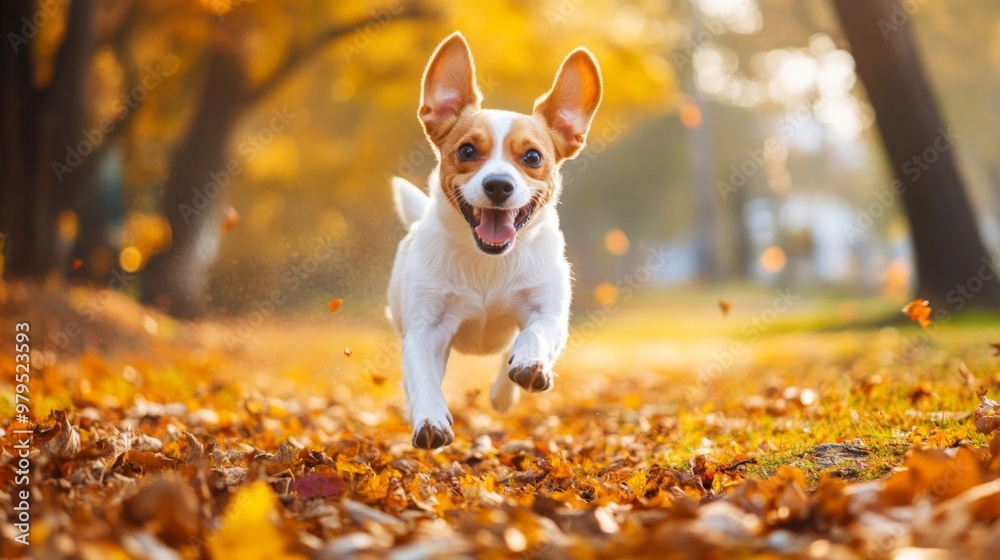 Happy Dog Running Through Autumn Leaves Happy Dog Running Through Autumn Leaves