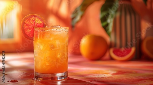 Refreshing citrus cocktail on a vibrant table with fruit backdrop in warm afternoon light