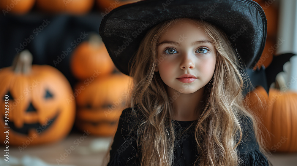 Portrait of a little girl wearing a black hat with Halloween pumpkins on the background. Portrait of a little girl wearing a black hat with Halloween pumpkins on the background.