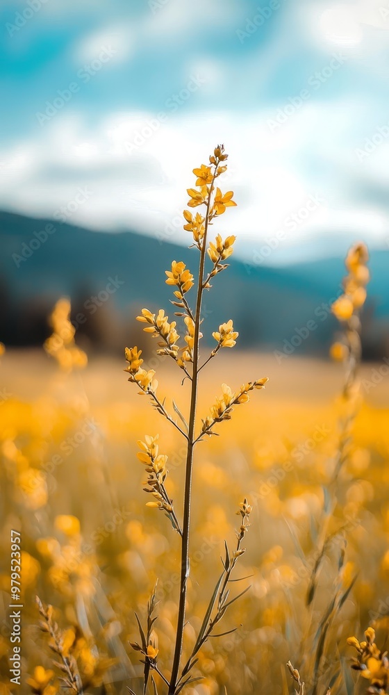 Obraz premium A tight shot of a plant bearing yellow blooms in the foreground contrasts with a blue sky dotted with clouds in the background
