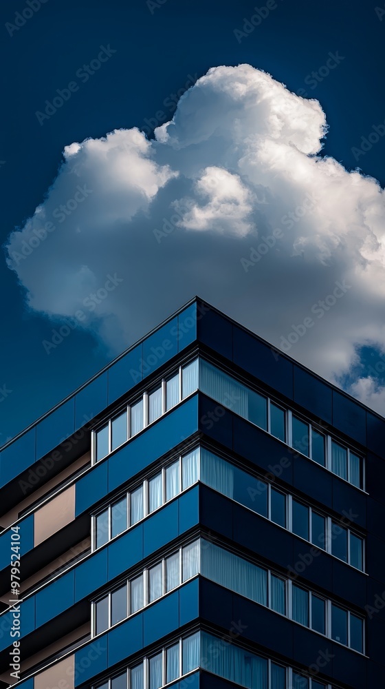 A tall building beneath a cloudy sky One cloud hovering above The structure boasts windows and balconies A tall building beneath a cloudy sky One cloud hovering above The structure boasts windows and balconies