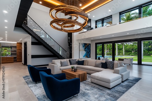 A chandelier with a mix of wood and metal, suspended in a modern coastal home, complementing light, airy decor photo