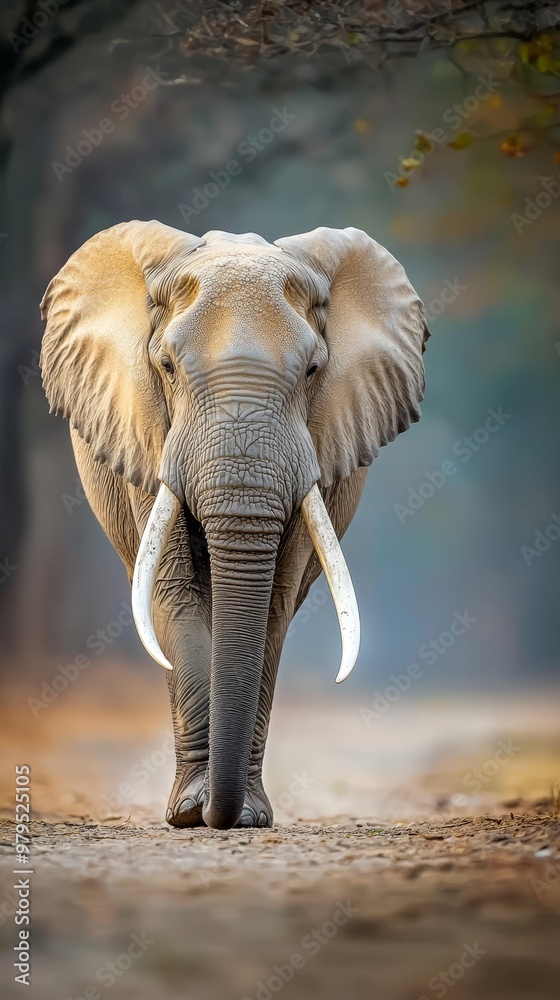 Fototapeta premium An elephant traverses a dirt path in the forest, surrounded by towering trees The scene is completed by a blue sky overhead