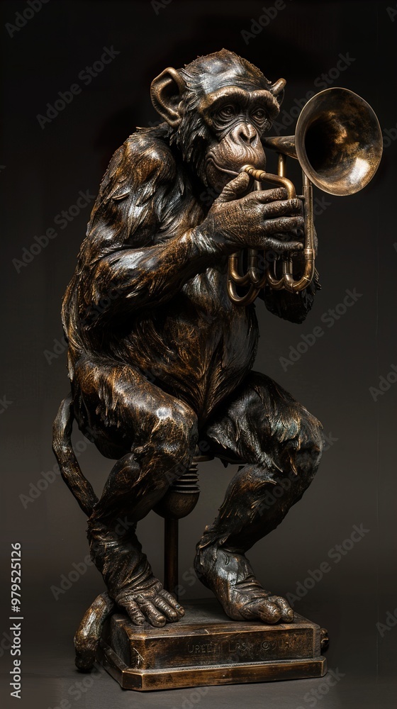 Bronze Sculpture of a Chimpanzee Playing a Trumpet Bronze Sculpture of a Chimpanzee Playing a Trumpet