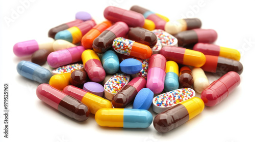 A pile of colorful pills against a white background.