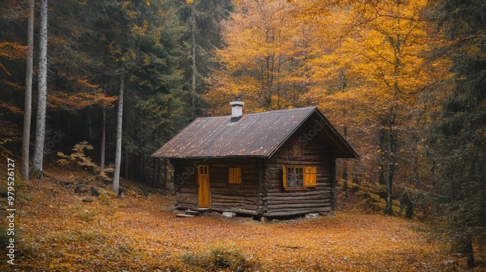 A Rustic Log Cabin Nestled in an Autumnal Forest A Rustic Log Cabin Nestled in an Autumnal Forest