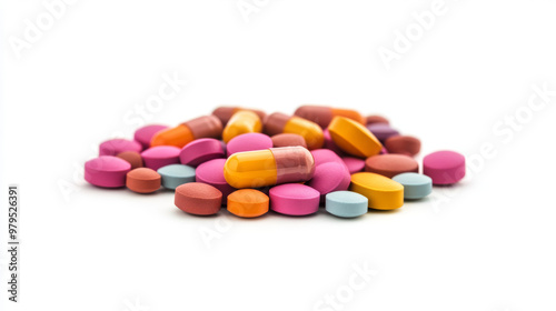 A pile of colorful pills against a white background.