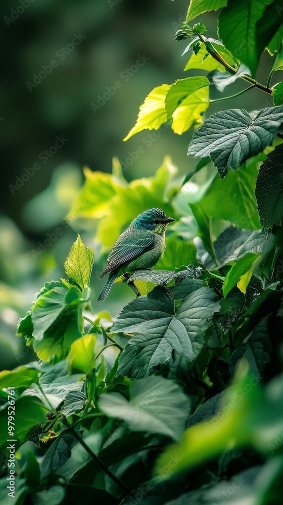 Obraz premium A small bird sits on a branch, surrounded by green foliage in the foreground The background softly blurs