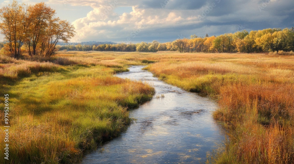 A Serene Stream Winding Through Autumnal Grasslands Under a Cloudy Sky A Serene Stream Winding Through Autumnal Grasslands Under a Cloudy Sky