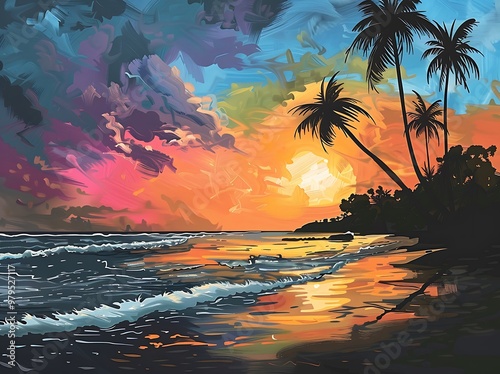 Vibrant painting of a sunset over a tropical beach with silhouetted palm trees and a colorful sky
