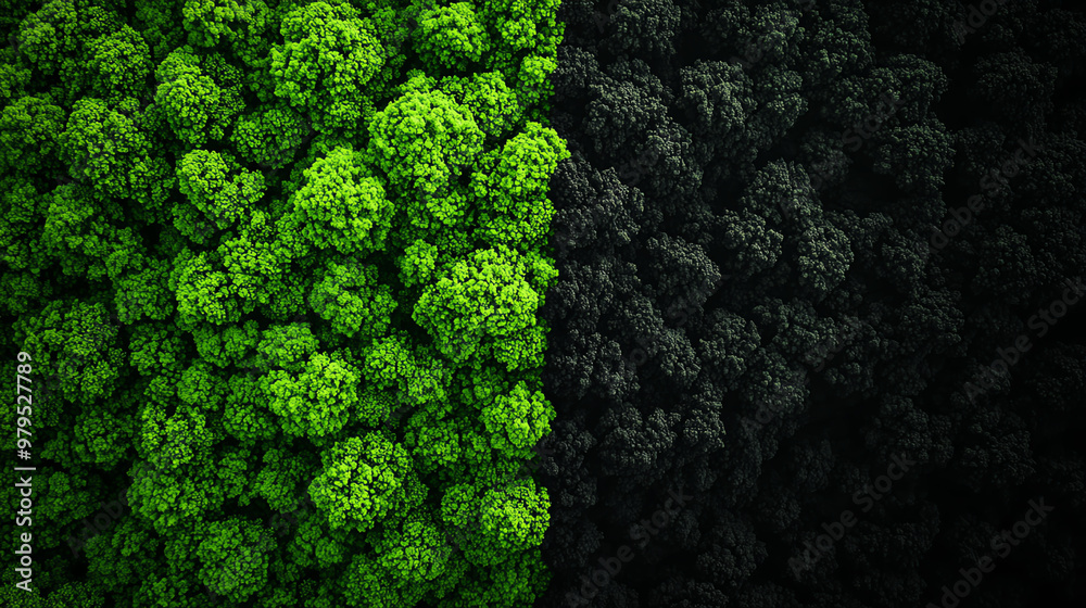 A striking aerial view of vibrant green trees contrasting against dark, shadowy foliage, symbolizing nature's duality. A striking aerial view of vibrant green trees contrasting against dark, shadowy foliage, symbolizing nature's duality.
