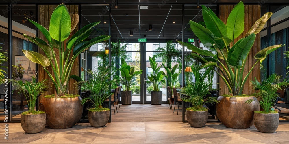 A beautifully designed indoor garden space with an array of large potted green plants providing a serene and natural ambiance in a modern interior setting A beautifully designed indoor garden space with an array of large potted green plants providing a serene and natural ambiance in a modern interior setting