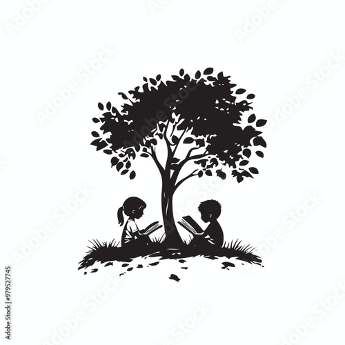 kids reading book under the tree vector logo