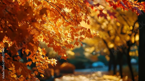 Golden Autumn Leaves on a Branch with Blurred Background