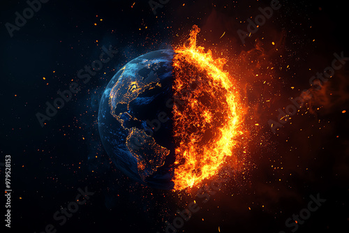 A striking image of Earth divided by fire, symbolizing climate change and environmental challenges. A visual representation of extremes.