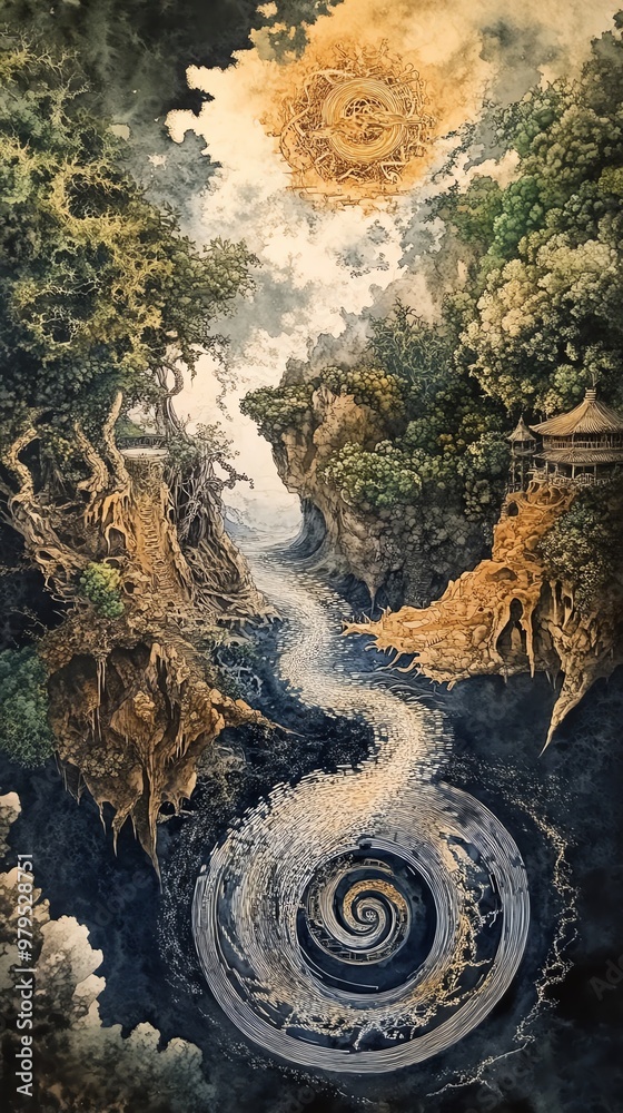 Fototapeta premium A surreal birds-eye perspective over a mythical landscape