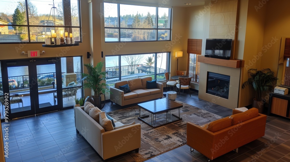 A spacious and modern living room with large windows, contemporary furniture, and a cozy fireplace, offering a beautiful view of a water landscape A spacious and modern living room with large windows, contemporary furniture, and a cozy fireplace, offering a beautiful view of a water landscape