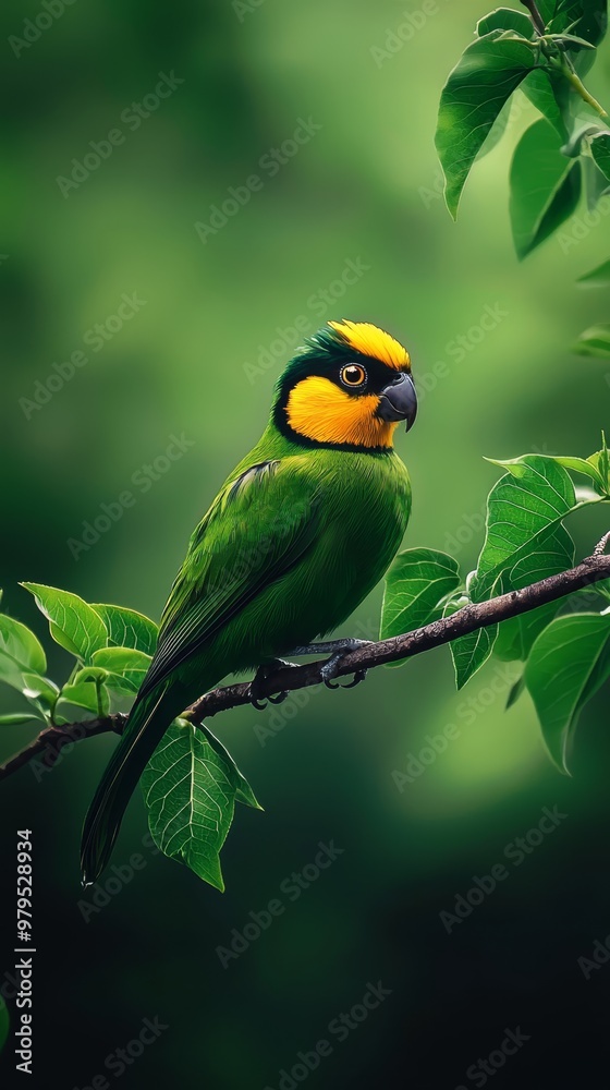 Obraz premium A green-yellow bird perches on a leafy tree branch against a verdant backdrop