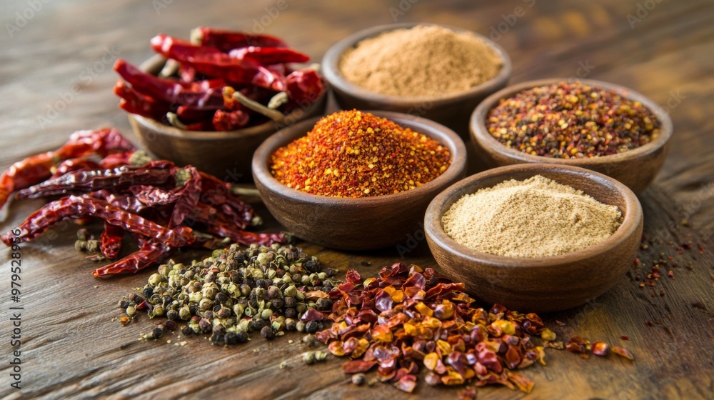A selection of dried chili peppers and ground chili powder arranged on a wooden table, showcasing different forms of this versatile spice. A selection of dried chili peppers and ground chili powder arranged on a wooden table, showcasing different forms of this versatile spice.