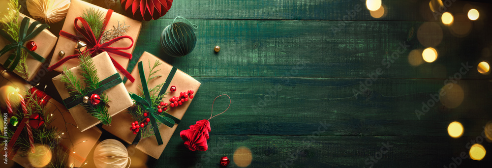 Gift boxes, fir tree branches and decoration for Christmas
