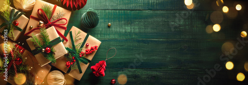 Obraz na płótnie Gift boxes, fir tree branches and decoration for Christmas w salonie