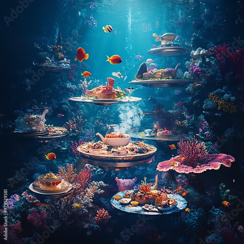 A surreal underwater kitchen scene photo