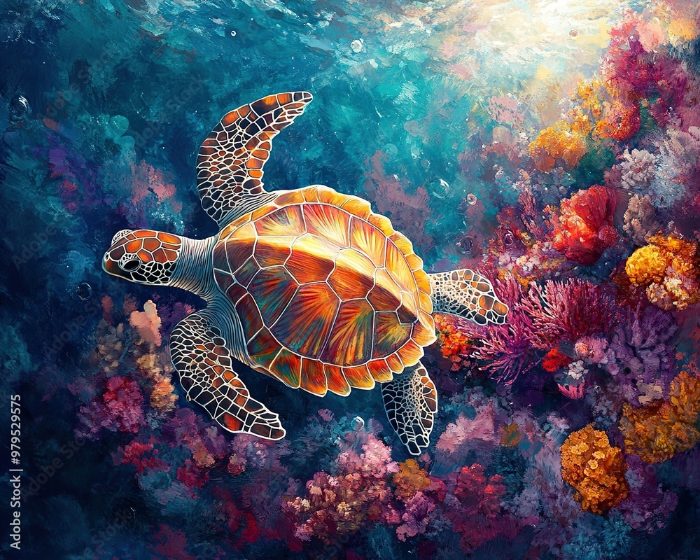Obraz premium Turtle swimming over coral reef 