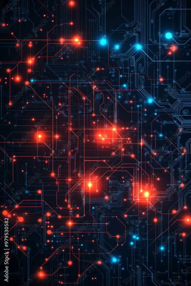 Obraz premium A close up of a circuit board with many small orange and blue dots