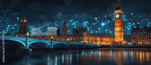 Big Ben and Houses of Parliament with Digital Network.