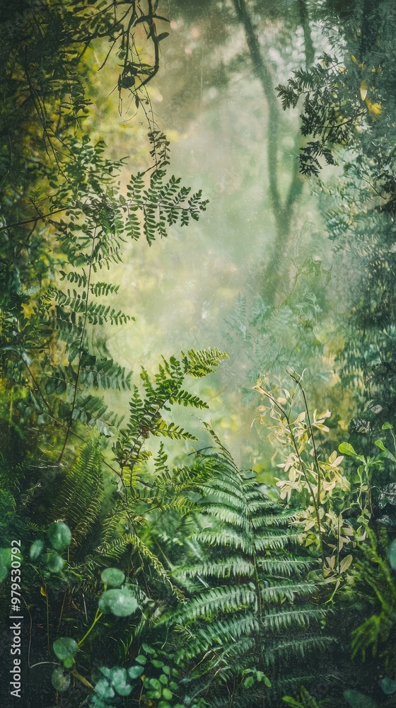 A forest painting, teeming with abundant green flora Light filters through tree leaves A forest painting, teeming with abundant green flora Light filters through tree leaves