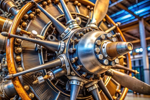 Close-up view of a vintage aircraft engine's intricate details, cylinder blocks, and propeller components on display at a prominent aviation museum in Seattle. photo