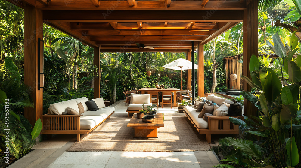 Fototapeta premium A luxurious open-air living room surrounded by lush greenery, featuring wooden furniture, natural stone floors, and cozy seating under a pergola