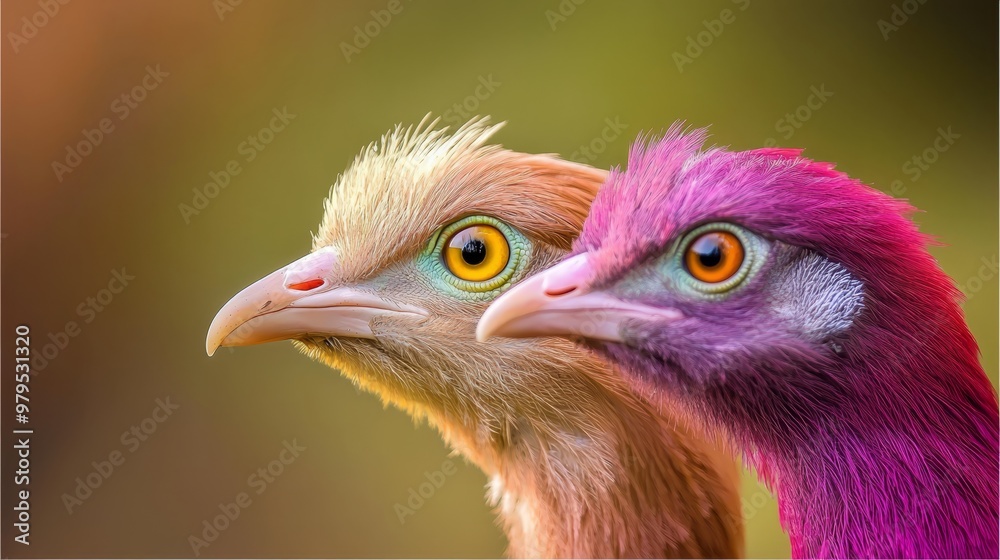 Fototapeta premium Two birds beside each other on a vibrant green and yellow expanse Background includes trees