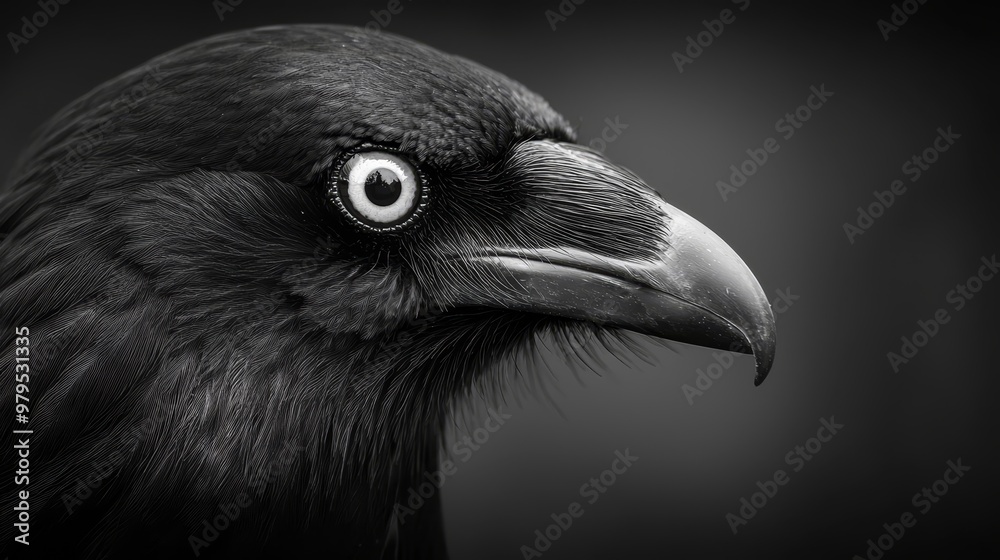  A tight shot of a black bird with a sizable beak A contrasting black-and-white image of its facial features