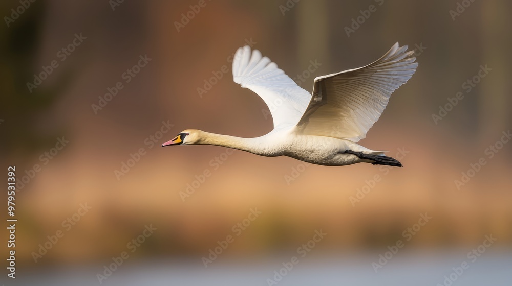 Obraz premium A white bird with a yellow beak flies overhead, casting a shadow on the tranquil water The scene is framed by trees in the background