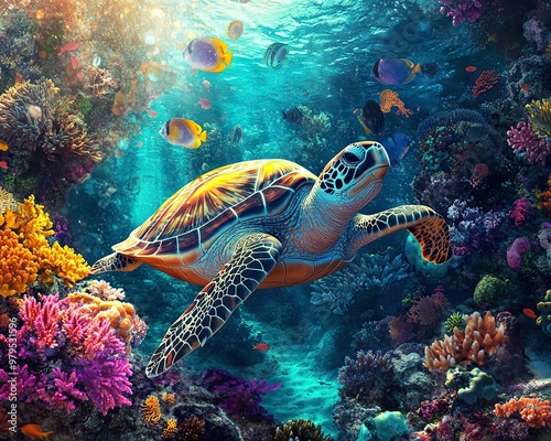 Turtle swimming over coral reef 