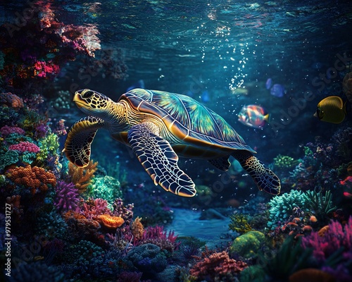 Turtle swimming over coral reef 