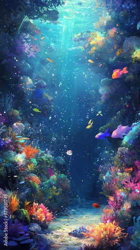 A vibrant underwater kingdom teeming with luminescent coral reefs photo