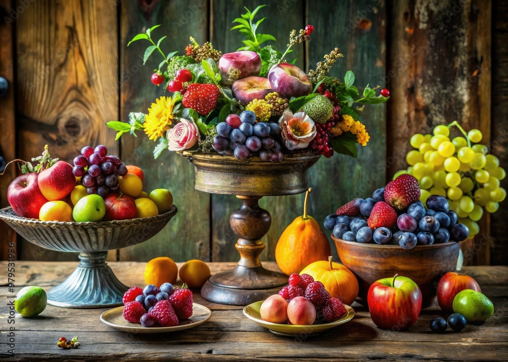 fresh fruit arrangements bursting with colours and textures amidst ornate antique vases and distressed wooden tables in a vintage rustic setting fresh fruit arrangements bursting with colours and textures amidst ornate antique vases and distressed wooden tables in a vintage rustic setting