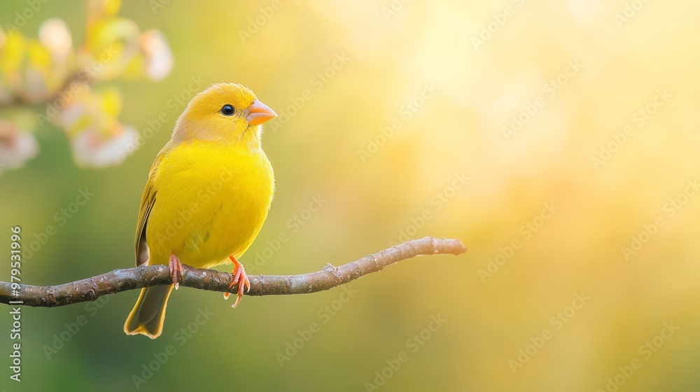 A yellow bird perched on a clear tree branch against a softly blurred backdrop of similar branches A yellow bird perched on a clear tree branch against a softly blurred backdrop of similar branches