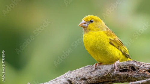  A yellow bird atop a tree branch's piece of wood against a green backdrop