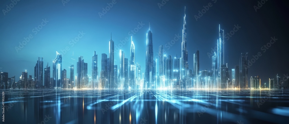 Digital Cityscape with Glowing Lines. Digital Cityscape with Glowing Lines.